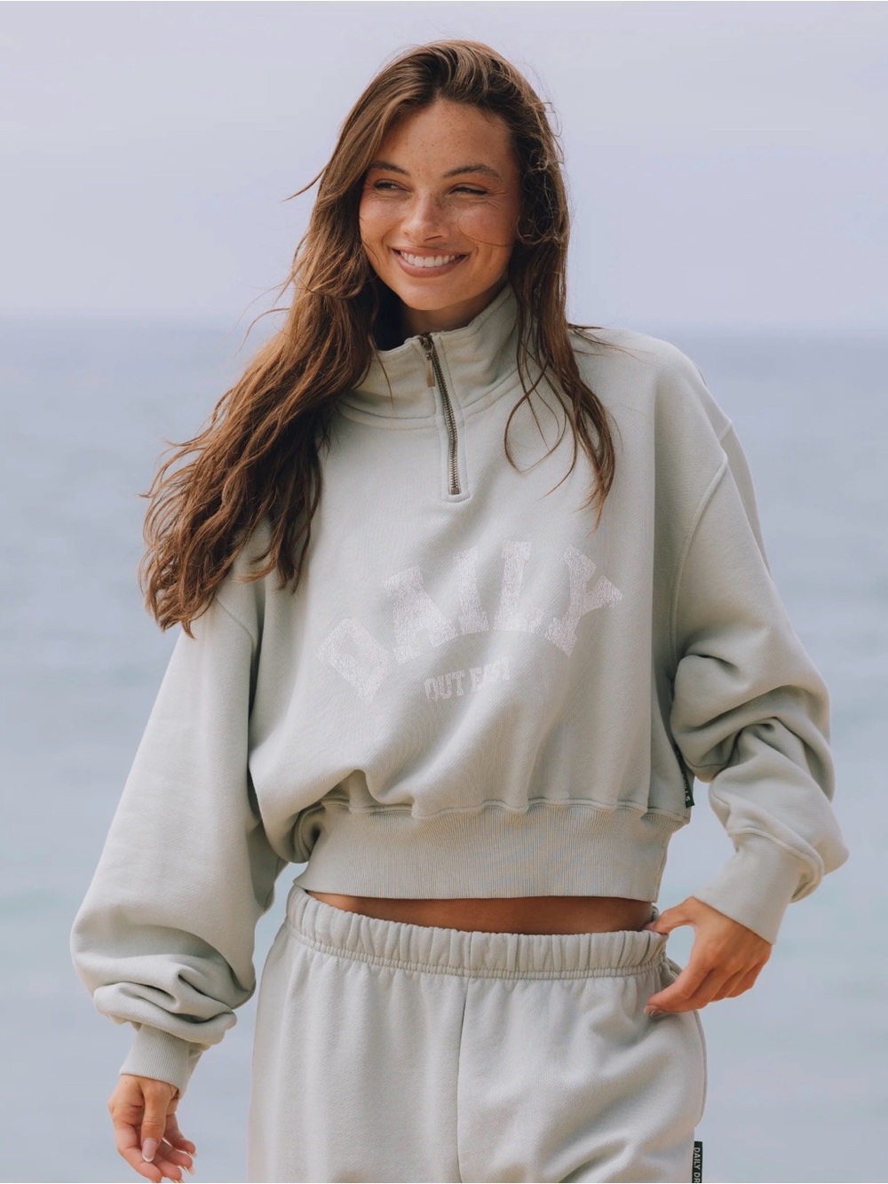 Daily Drills Sage Half-Zip Cropped Sweatshirt